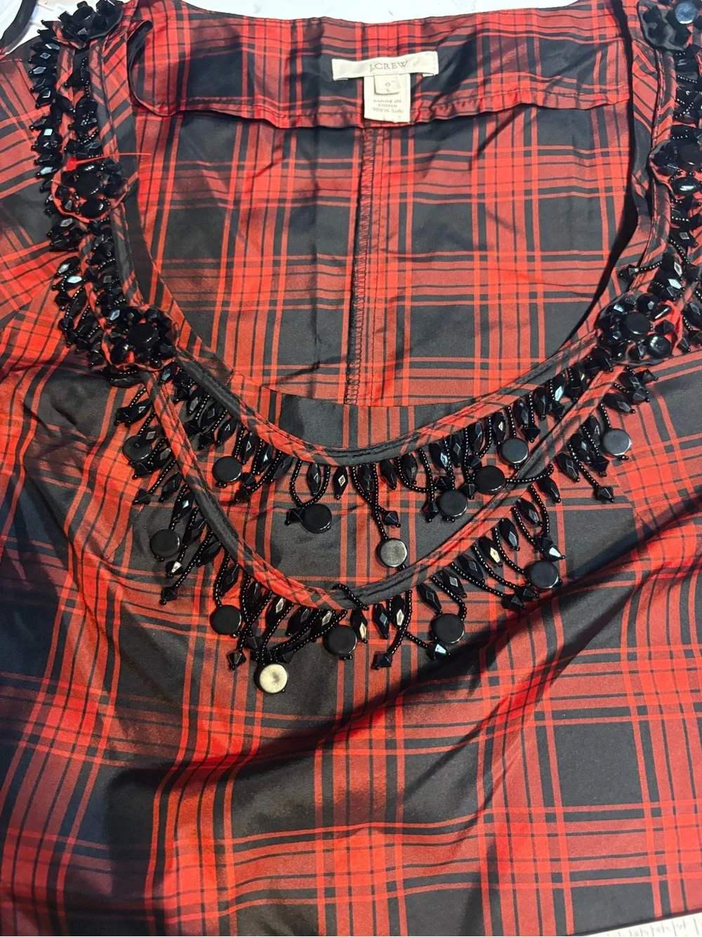 J.Crew Eliza silk red and black tartan plaid blouse built-in black xs 0